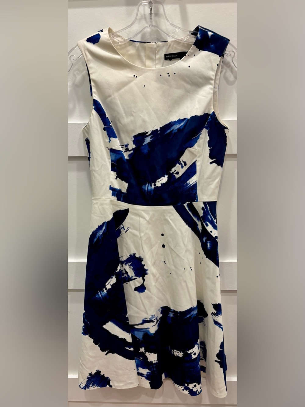 Karen Millen White Dress with Bold Navy Brushstroke Print